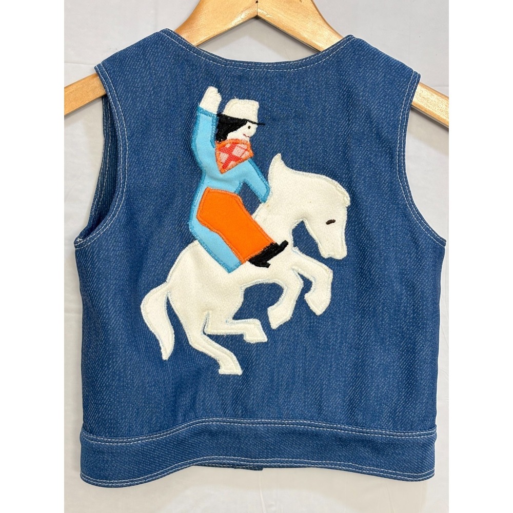 Denim‎ Vest Kids Blue Button Front Native Horse Rider Design Patch Vintage Clean
